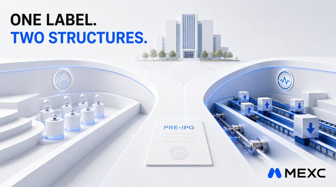 An advertisement banner for MEXC cryptocurrency exchange showing the text 'ONE LABEL. TWO STRUCTURES.' with illustrations of pre-IPO and other financial structures.