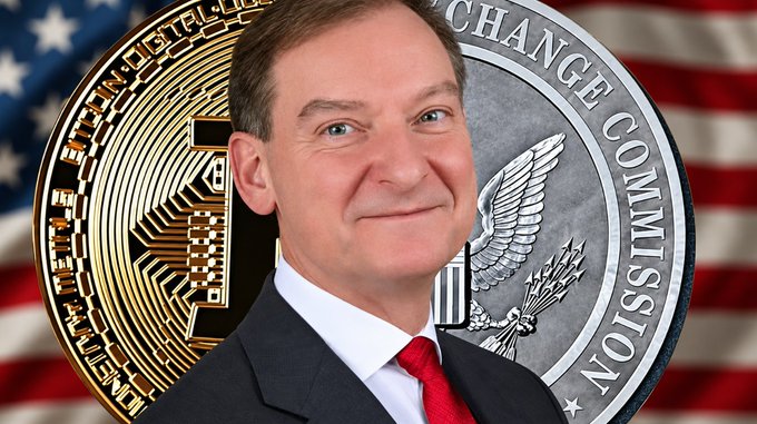 A composite image featuring a man in a dark suit and red tie superimposed over a gold Bitcoin and a silver SEC 'Exchange Commission' seal, with an American flag in the background.