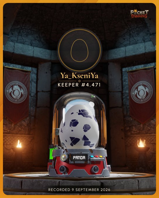 A digital collectible card from 'POCKET DRAGONS' featuring a cracked white egg in a glass dome atop a machine labeled 'PANDX', titled 'Ya_KseniYa KEEPER #4,471' and 'RECORDED 9 SEPTEMBER 2026'.