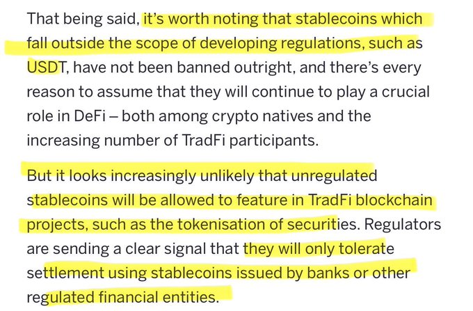 **Image Caption:** A highlighted text excerpt discussing stablecoins like USDT (Tether) that fall outside developing regulations, noting they are unlikely to be allowed in TradFi blockchain projects such as securities tokenization, where regulators will only tolerate settlement using stablecoins issued by banks or regulated entities.

**Relation to Post:** The image directly supports the post's argument by visually emphasizing the key regulatory distinctions—specifically the phrase *"Tether falls outside the scope of developing regulations"* and the warning that unregulated stablecoins *"will NOT be permitted"* in TradFi blockchain products like securities tokenization.