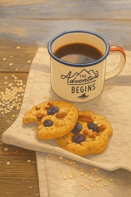 An illustration of a ceramic mug filled with coffee reading "THE Adventure BEGINS" with two blueberry and almond cookies on a napkin beside it on a wooden table.
