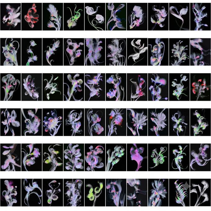 A grid of 54 small images showing various colorful, abstract, AI-generated floral and organic shapes against black backgrounds.