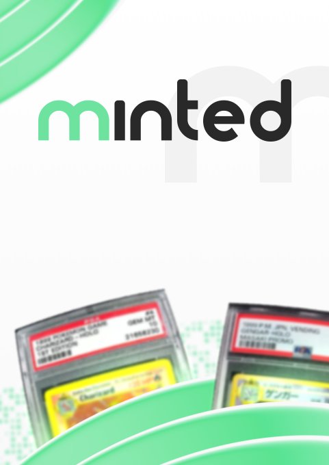 A graphic featuring the "minted" logo with the word "minted" in black and mint green text above faded grey "m" letters, with two trading cards visible at the bottom on a white and green background.