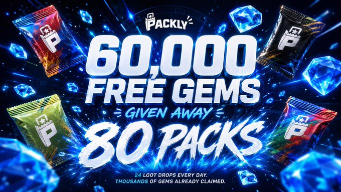 A promotional banner for 'Packly' advertising '60,000 FREE GEMS GIVEN AWAY' across '80 PACKS', featuring gem cards and blue crystals with the text '24 LOOT DROPS EVERY DAY. THOUSANDS OF GEMS ALREADY CLAIMED.'