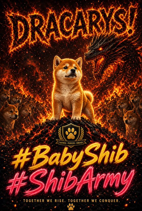 A fiery 'DRACARYS!' themed graphic featuring a Shiba Inu puppy standing on a mound surrounded by flames and other Shibas, with hashtags '#BabyShib' and '#ShibArmy' and the motto 'Together we rise. Together we conquer.'