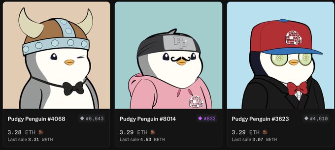 Three Pudgy Penguin NFT listings (#4068, #8014, #3623) with various accessories, priced around 3.28-3.29 ETH.