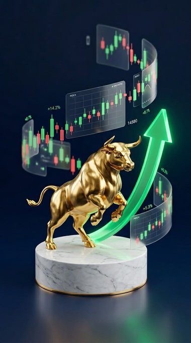 A golden bull statue stands on a marble pedestal with a glowing green upward arrow and floating stock candlestick charts showing values like +14.2%, +9.7%, and 14590, symbolizing a bullish market trend.