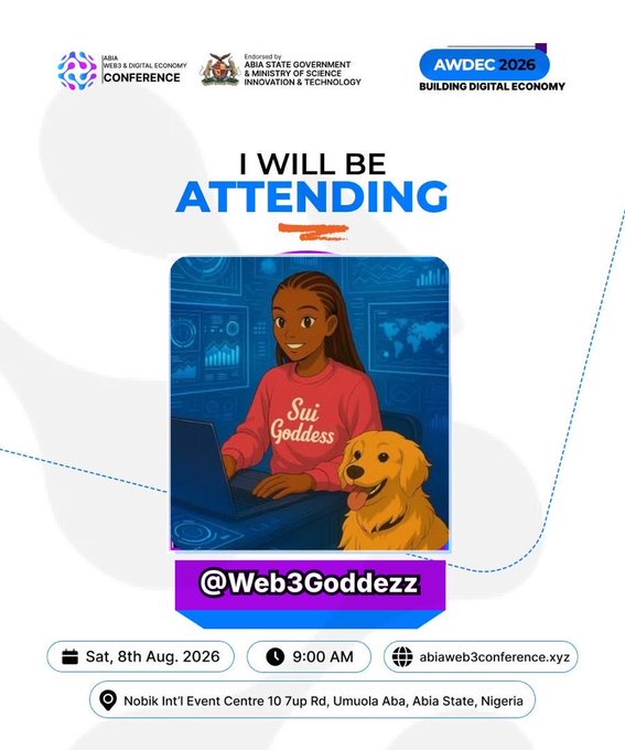 A promotional graphic for the 'AWDEC 2026' conference featuring an illustration of a person wearing a 'Sui Goddess' shirt with a dog, announcing attendance by @Web3Goddezz on Saturday, 8th August, 2026 at 9:00 AM at the Nobik International Event Centre in Abia State, Nigeria.