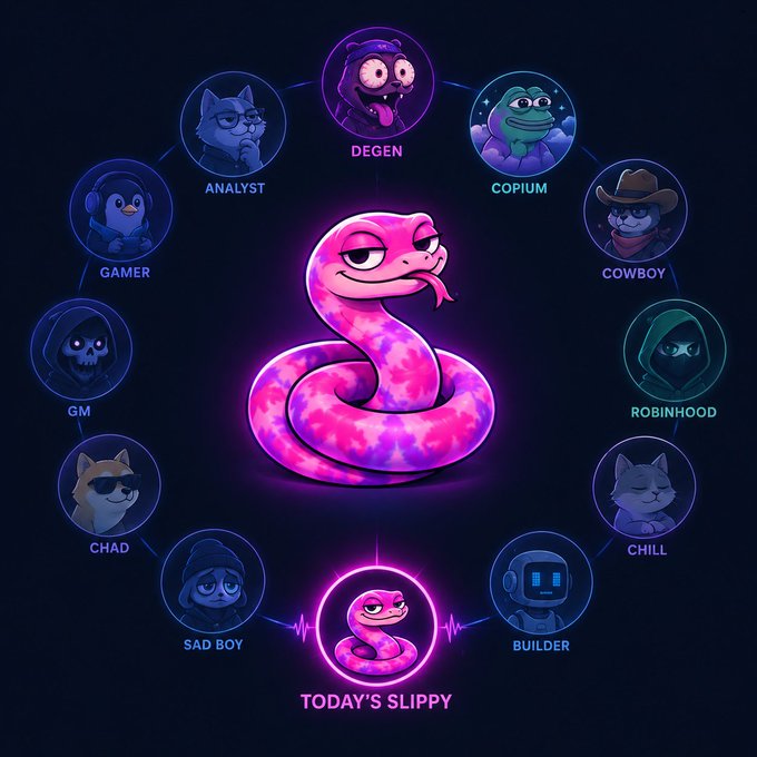 A central pink snake character is surrounded by a circle of other character avatars with names like 'ANALYST', 'DEGEN', 'COPIUM', 'COWBOY', 'ROBINHOOD', 'CHILL', 'BUILDER', 'TODAY'S SLIPPY', 'SAD BOY', 'CHAD', 'GM', and 'GAMER'.