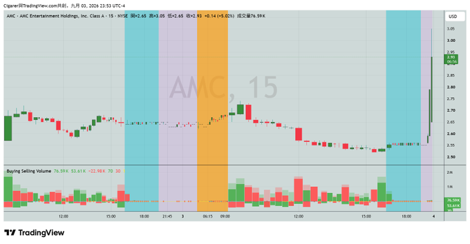 A TradingView chart displays AMC - AMC Entertainment Holdings Inc. Class A stock (AMC) with 15-minute candlesticks showing a sharp recovery near the end of the trading day, with the current price at $2.93.