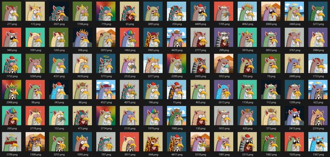 A grid of numerous small NFT-style cartoon characters, each labeled with a number and a .png file extension, appearing to be a collection of unique generated tokens.