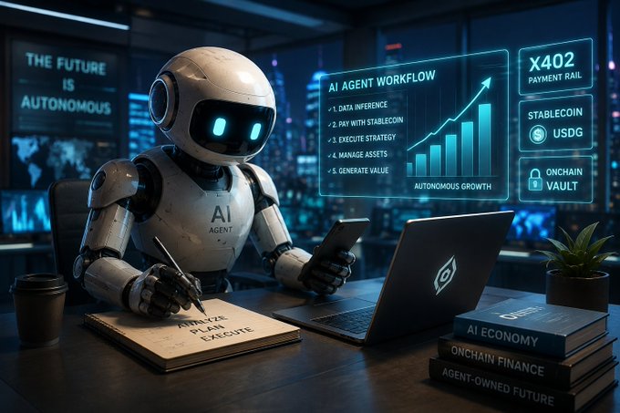 A sleek white "AI AGENT" robot sits at a futuristic desk, working on a notepad labeled "ANALYZE PLAN EXECUTE" while interacting with a laptop and smartphone, surrounded by holographic displays showing "AI AGENT WORKFLOW," "X402 PAYMENT RAIL," "STABLECOIN USDG," and "ONCHAIN VAULT," with stacked books reading "AI ECONOMY," "ONCHAIN FINANCE," and "AGENT-OWNED FUTURE." The image visually reinforces the post's theme of AI agents evolving into autonomous economic users, with the x402 payment rail and stablecoin references directly tying to the mention of OpenZoo's 691 payments and ~$1.4K spent on Base.