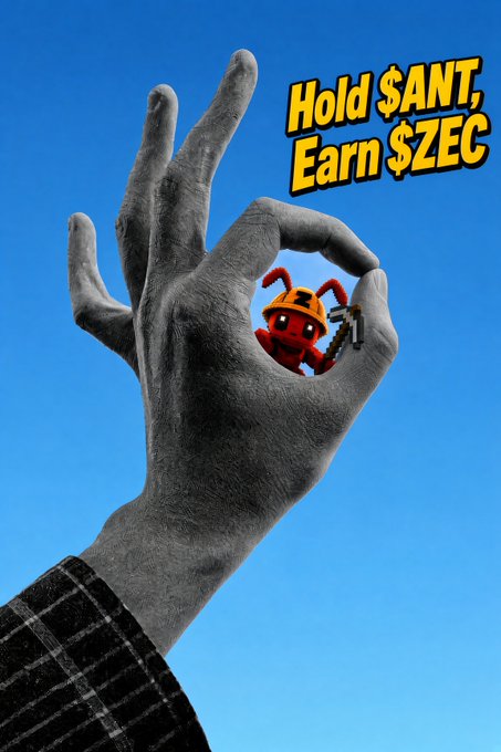 A surreal promotional graphic with a hand making an "OK" gesture holding a cartoon red character, with yellow text reading "Hold $ANT, Earn $ZEC" against a blue sky.