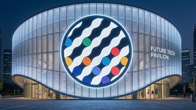 An illuminated modern building at night featuring a large circular display with colorful dots and wave patterns, alongside the text 'FUTURE TECH PAVILION'.