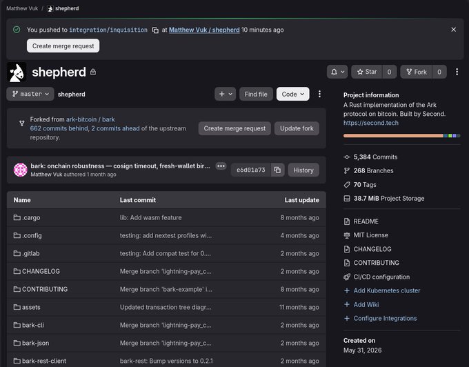 A GitLab repository page for 'shepherd' by Matthew Vuk, forked from ark-bitcoin/bark, showing project information indicating it's a Rust implementation of the Ark protocol on bitcoin built by Second.