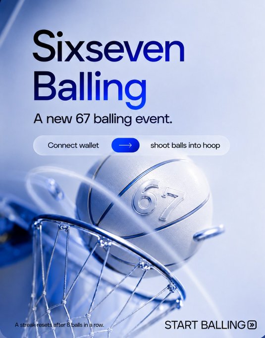 A promotional poster for 'Sixseven Balling' — 'A new 67 balling event' — featuring a basketball marked with '67' going through a wire hoop, with a 'Connect wallet' button and 'START BALLING' text.