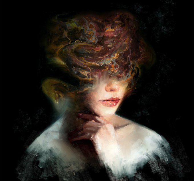 A surreal, dreamlike digital portrait of a woman with red lips, where the upper portion of her face and hair dissolves into swirling, painterly strokes of golden, amber, and violet colors against a dark background.