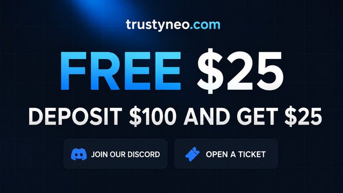 A promotional banner from trustyneo.com advertises a bonus deal reading "FREE $25 - DEPOSIT $100 AND GET $25," with call-to-action buttons to "JOIN OUR DISCORD" and "OPEN A TICKET," corresponding to the post's tiered deposit bonus offer for sites like Duelbits, HypeDrop, and CSGORoll.
