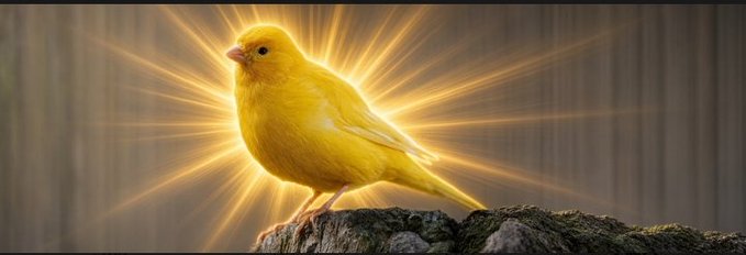 A bright yellow canary perches on a mossy log, dramatically backlit with golden rays of light radiating outward against a dark forest background.