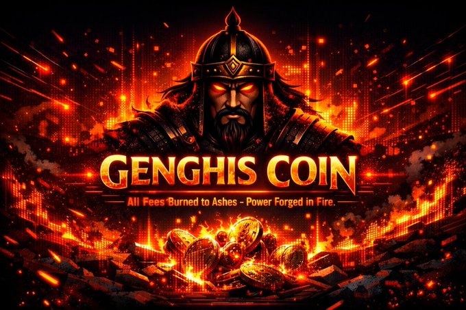 Promotional artwork for 'Genghis Coin' featuring a warrior with a helmet and glowing red eyes, with the tagline 'All Fees Burned to Ashes - Power Forged in Fire.'