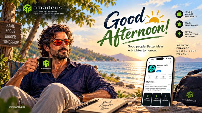 An advertisement for "Amadeus - The Infrastructure for the Agentic Economy" features a man relaxing on a beach holding a branded mug, with text reading "Good Afternoon! Good people. Better ideas. A brighter tomorrow." and highlights features like holding AMA assets, tracking Prime Points, and acting on AMA anytime/anywhere, alongside a smartphone showing the Amadeus Wallet app.