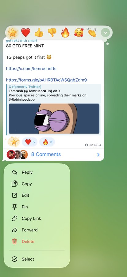 A screenshot of a Telegram chat showing a message promoting a free mint with links to X and a Google Form, with a context menu displaying options like Reply, Copy, Edit, and Delete.