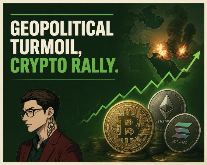 A promotional graphic titled 'GEOPOLITICAL TURMOIL, CRYPTO RALLY' features an illustrated man, explosions over a map, and coins representing Bitcoin, Ethereum, and Solana alongside a rising green chart.