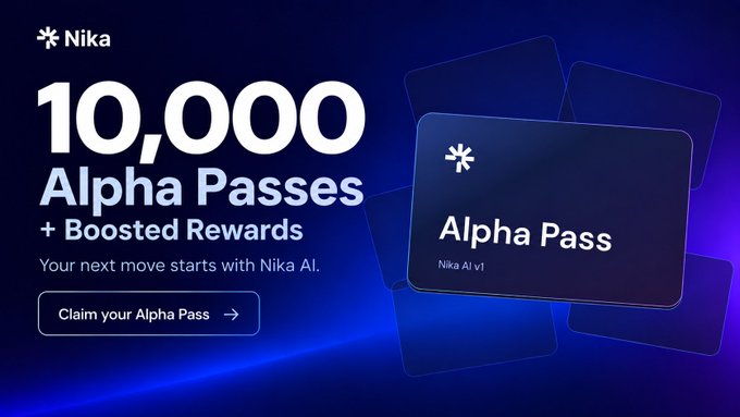 A promotional banner for Nika AI offering 10,000 Alpha Passes with boosted rewards.