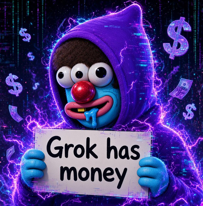 A digital artwork of a blue, three-eyed character in a purple hoodie surrounded by glowing dollar signs and lightning, holding a sign that reads 'Grok has money'.