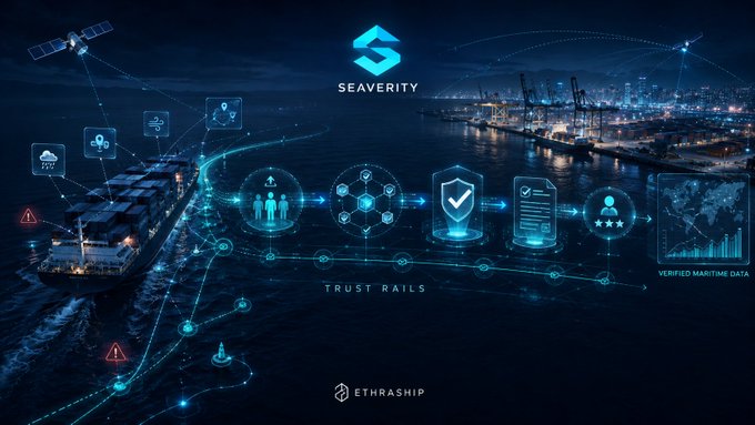 A promotional graphic for 'SEAVERITY' and 'ETHRASHIP' titled 'TRUST RAILS', showing a cargo ship with overlaid digital icons representing maritime data, tracking, and blockchain verification.