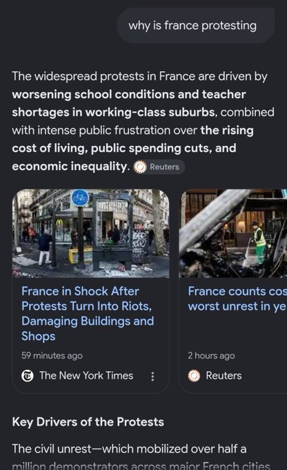 A mobile screen displaying a search result for 'why is france protesting', with an AI summary citing Reuters mentioning teacher shortages, and news articles from The New York Times and Reuters.