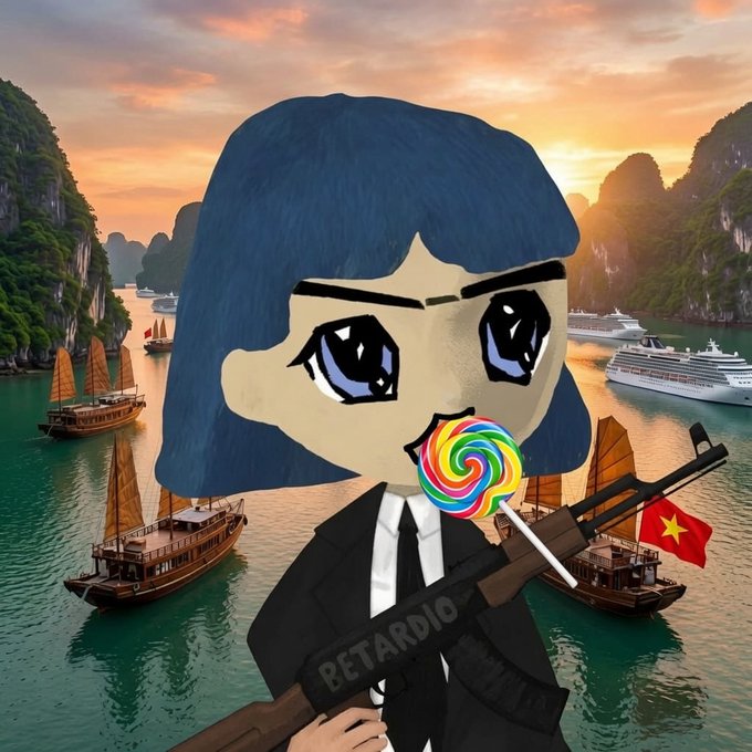 An anime-style illustration of a character with blue hair and a suit holding a rifle labeled 'RETARDIO' and a lollipop, set against a backdrop of Ha Long Bay with traditional Vietnamese junk boats.