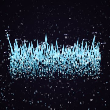 An abstract digital art piece showing a 3D crown-like waveform made of light blue spikes against a dark background with floating numbers.