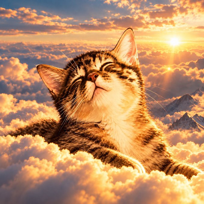 A tabby cat with its eyes closed appears to be peacefully resting on golden clouds at sunset, with sunbeams radiating in the background.