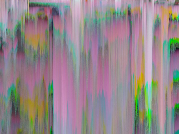 An abstract, blurred composition with vertical streaks in vibrant shades of pink, purple, green, yellow, and white creates a smeared, glitch-like effect.