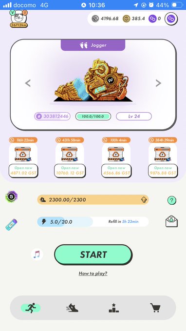 A mobile game screenshot showing a 'Jogger' character at level 24 with 100.0/100.0 stamina, currency values (4196.68, 385.4), and four 'Open now' treasure boxes costing 6871.02, 10260.12, 4366.86, and 6076.88 in-game currency.