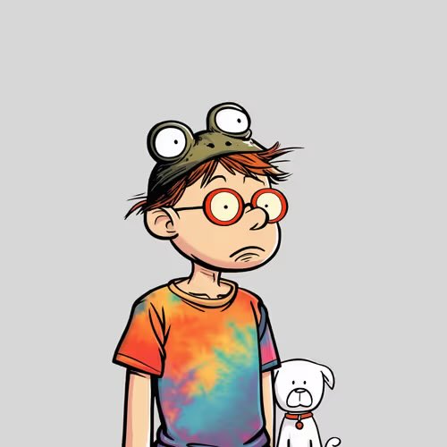 A cartoon illustration of a boy with red glasses and a frog hat wearing a tie-dye shirt, standing next to a small white dog.