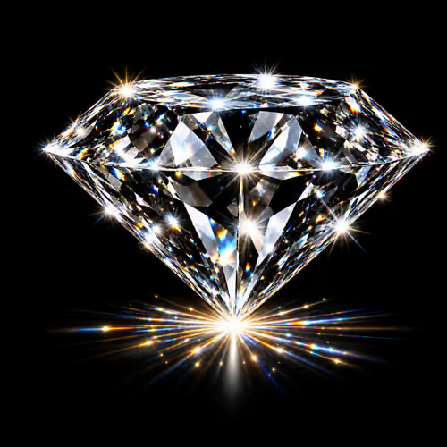 A brilliantly cut diamond sparkles against a black background with a star-like burst of light radiating from below.