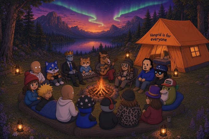 An illustrated cartoon scene of various characters gathered around a campfire at night with the aurora borealis in the background, near a tent displaying a sign that reads 'Vangrid is for everyone'.