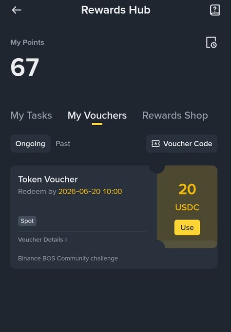 The image shows a reward screen with details of a rewards hub and a user's task points. A USDC Token Voucher has been awarded to the individual, indicating that they have successfully completed their tasks. This achievement might be a result of contributions made or points earned in the challenges within the Binance BOS Community Challenge. The post highlights the rewarding nature of this particular challenge, as it encourages participants to actively engage and contribute for a chance at receiving tokens in return.