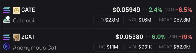 A cryptocurrency trading display showing CATE (Catecoin) at $0.05949 with 24H change of -6.5% and ZCAT (Anonymous Cat) at $0.05380 with 24H change of -19%.