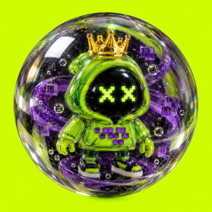 A 3D render of a green hooded character wearing a gold crown with X-shaped digital eyes, encased in a glass sphere with purple elements against a bright green background.