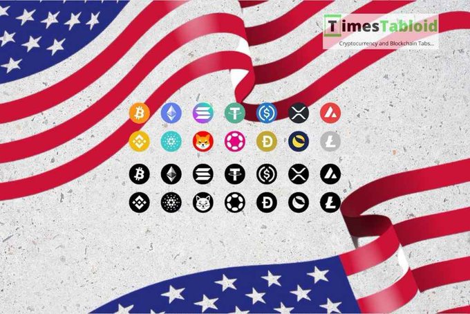An image from TimesTabloid showing various cryptocurrency logos arranged over an American flag background.