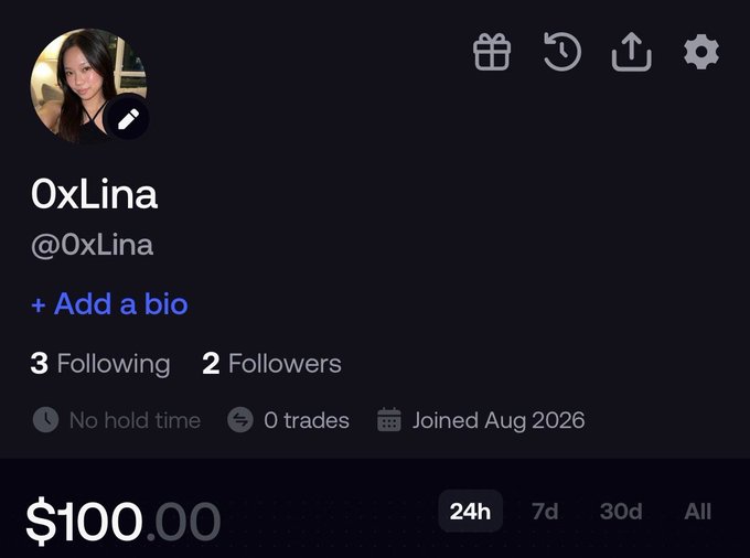 A social media profile page for '0xLina' (@0xLina) with 3 Following, 2 Followers, 0 trades, Joined Aug 2026, and $100.00 displayed.