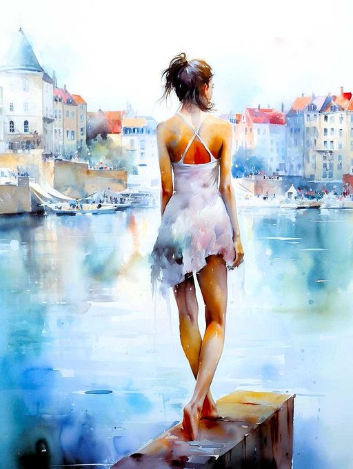 A watercolor painting of a woman in a white sundress standing on a wooden dock, gazing out at a harbor town with colorful buildings.