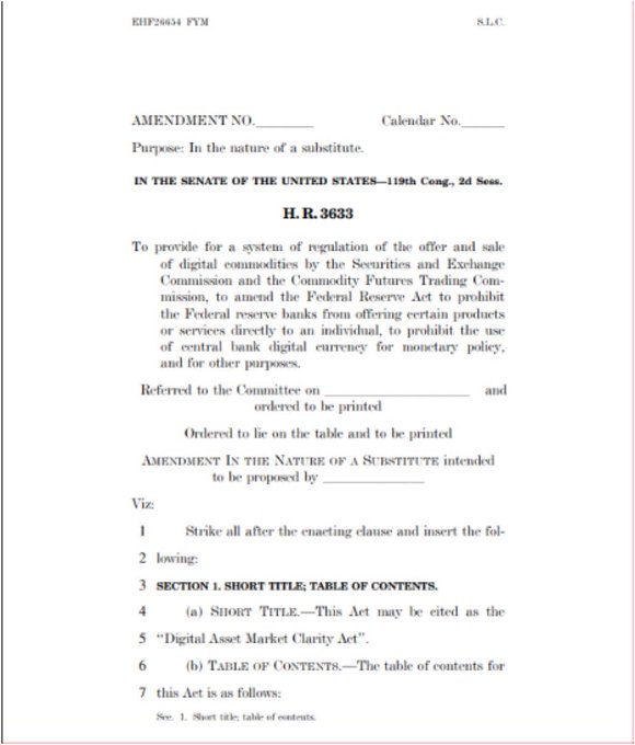 A legislative document showing an amendment to U.S. Senate bill H.R. 3633 (119th Congress, 2d Session), titled the "Digital Asset Market Clarity Act," regarding SEC and CFTC regulation of digital commodities. The image supports the post's notion of impending crypto market movement, though it represents an amendment text rather than a vote result.