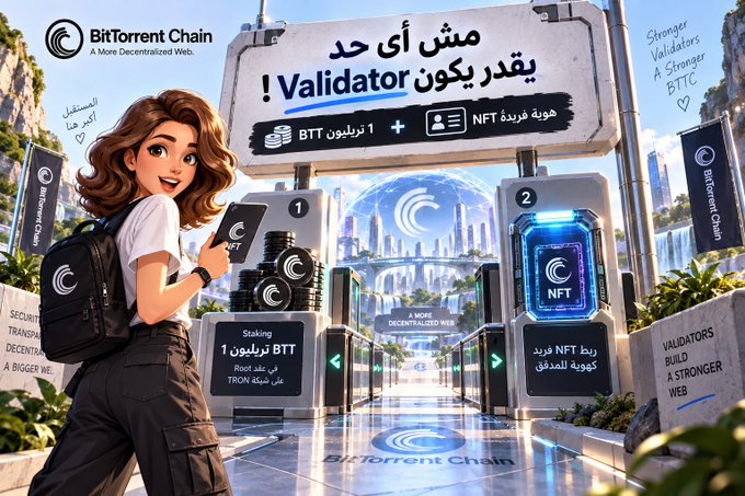 A vibrant promotional graphic for BitTorrent Chain (BTTC) showcases a cartoon explorer at a grand "Validator" entrance gate, with prominent Arabic and English text including "Validator," "BTT," "NFT," and "1 trillion BTT," visually reinforcing the post's message about the high 1 trillion BTT minimum requirement to become a network validator.