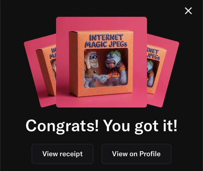 A digital collectible mint confirmation screen displaying a "Internet Magic Jpegs" boxed figurine set featuring two cartoon characters shaking hands, with the text "Congrats! You got it!" and buttons for "View receipt" and "View on Profile." The image celebrates the successful minting of a new NFT from the @just_t00ns collection, matching the post's announcement of acquiring a fresh mint.