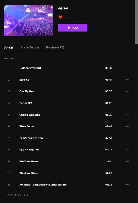 A Spotify album page dated 4/8/2011 showing an 11-song album with tracks including "Holden Oversoul" (09:35), "Stop-Go" (08:41), "One By One" (05:30), "Cotton Was King" (06:30), and "Blackout Blues" (07:00), totaling 1 hr 21 min.