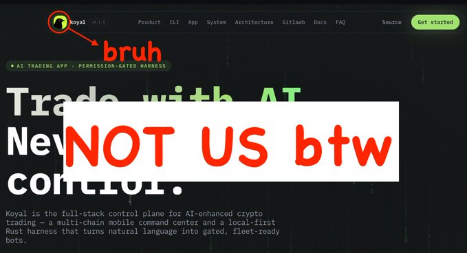 Screenshot of the Koyal website with red text reading 'bruh' pointing to a logo and 'NOT US btw' overlaid on the page.